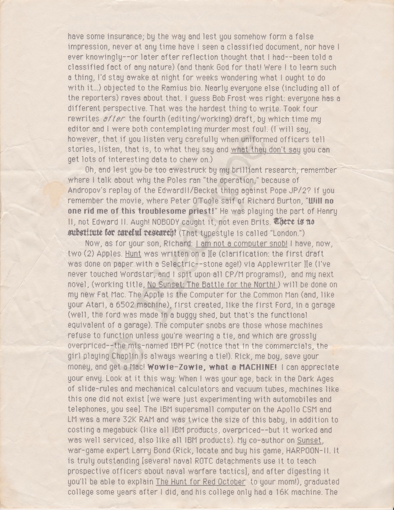 Tom Clancy letter, 1 Nov 1984, p 2