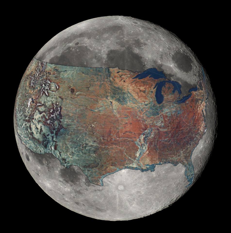 Maps-To give some sense of scale- The United States overlaid on the moon